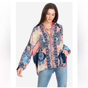 Johnny Was Onda Button Down Blouse Silk Boho Paisley Relaxed Fit Top Size XXS
